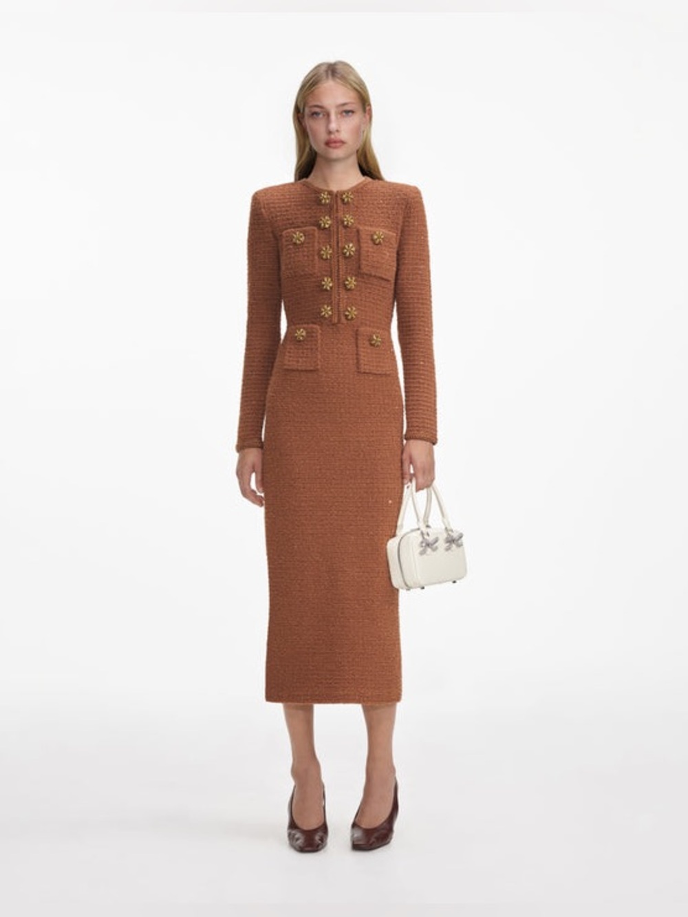 Self-Portrait Copper/Brown Long-Sleeve Button Knit Dress - Picture 7 of 7
